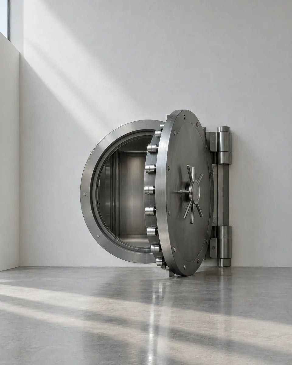 A steel vault door standing open in a quiet, sunlit white gallery