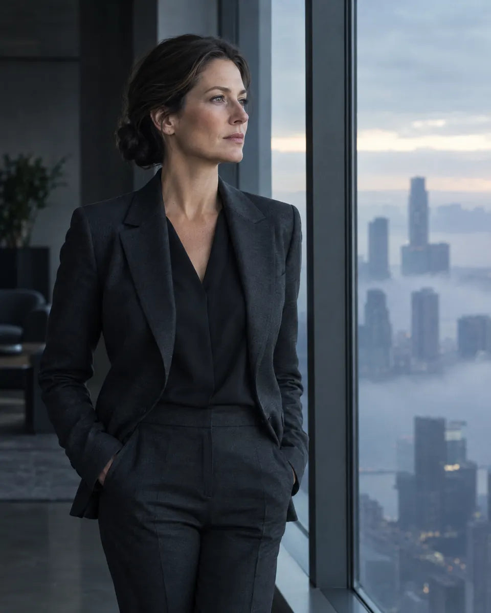 A woman in a charcoal suit looks out over a misty city at dawn