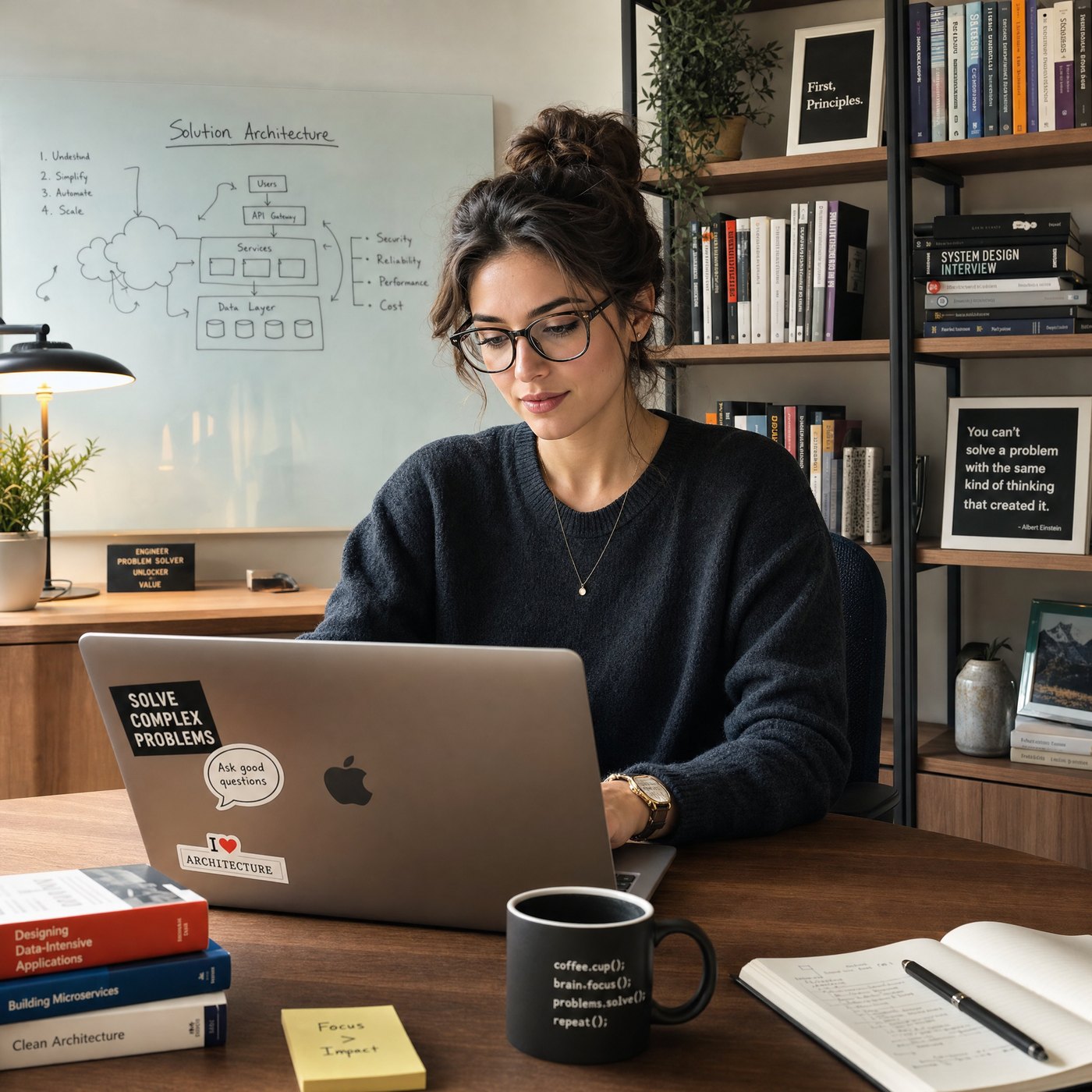 An Arctic Grey workspace — laptop, books, and a whiteboard of architecture diagrams, the surface of how the work actually happens.