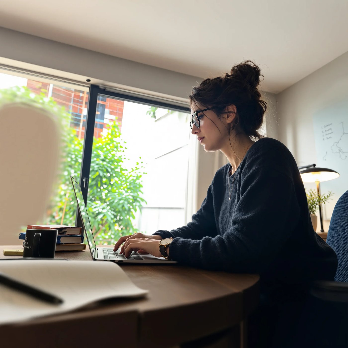 An Arctic Grey workspace at the end of a working day — focused, quiet, considered.